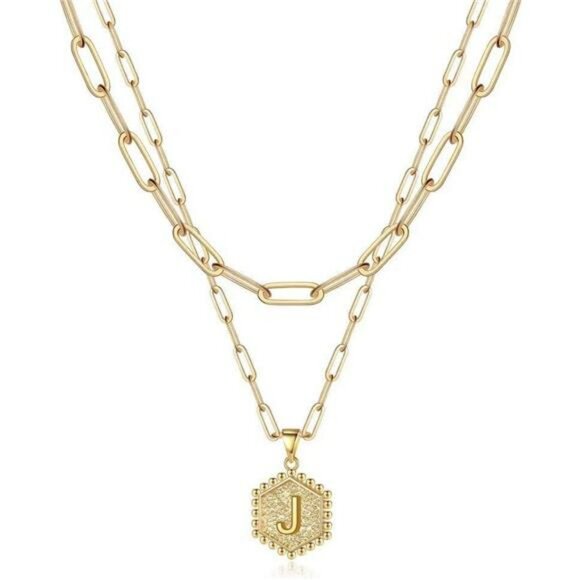 Gold Layered Initial Necklace Dainty Hexagon Pendant Paperclip Chain Gift - Picture 1 of 7